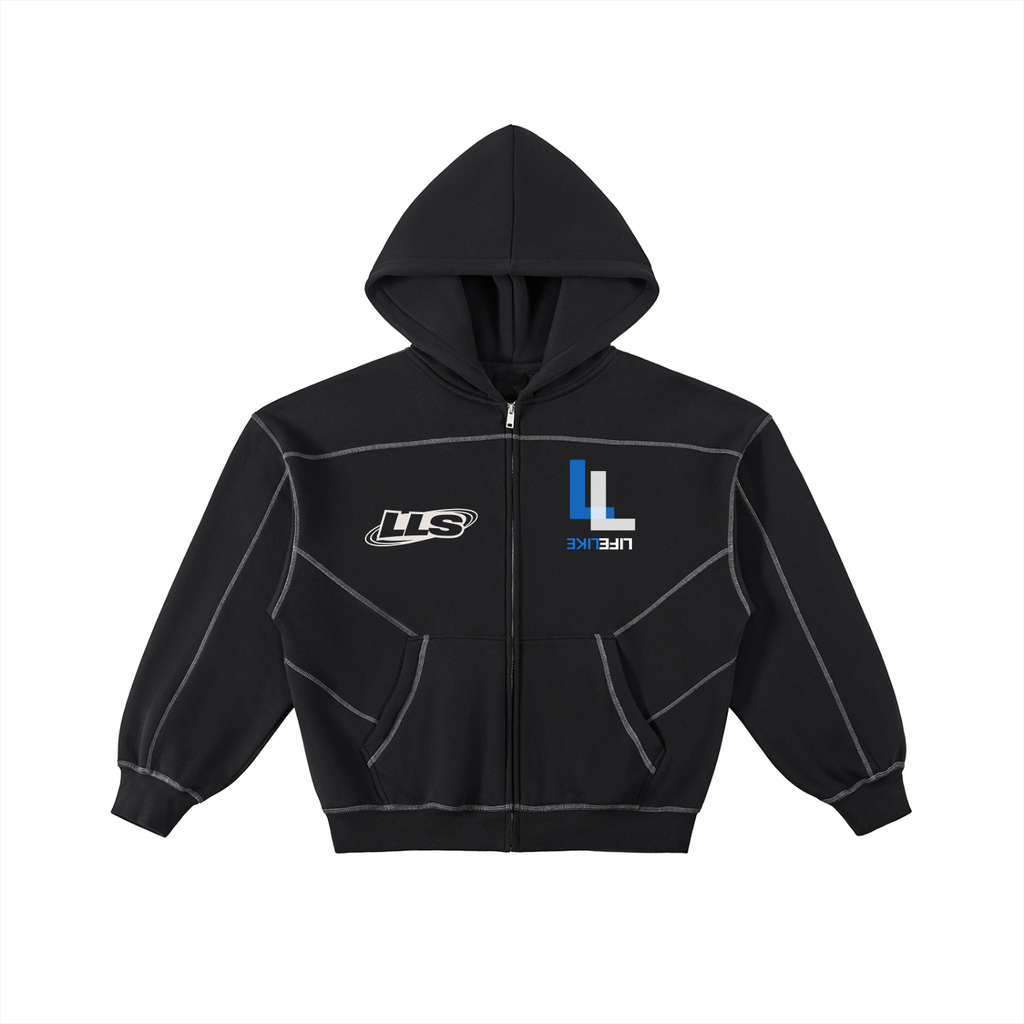Contrast-Stitched Boxy Fleece Zip Hoodie