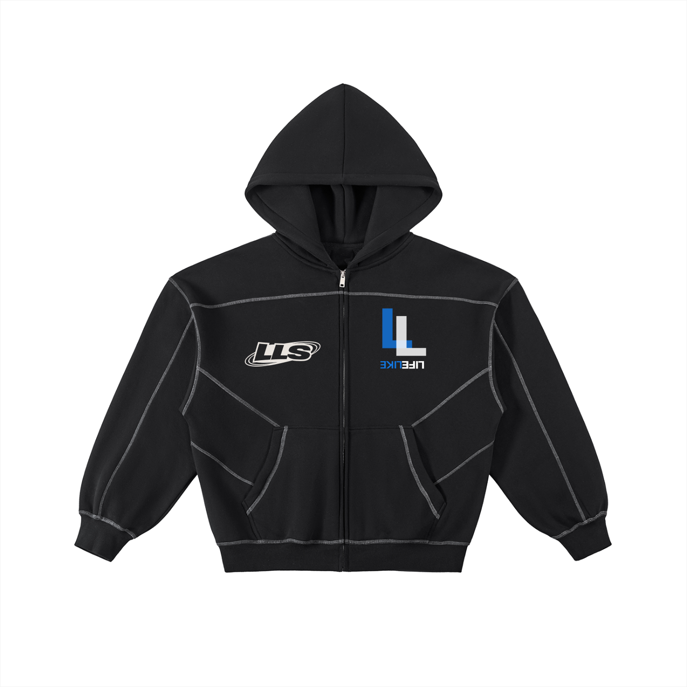 Contrast-Stitched Boxy Fleece Zip Hoodie