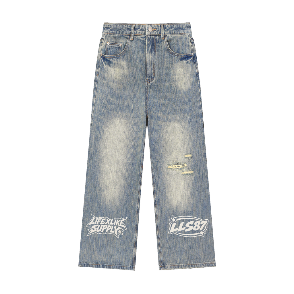 Mens Vintage Wash Distressed Denim Jeans